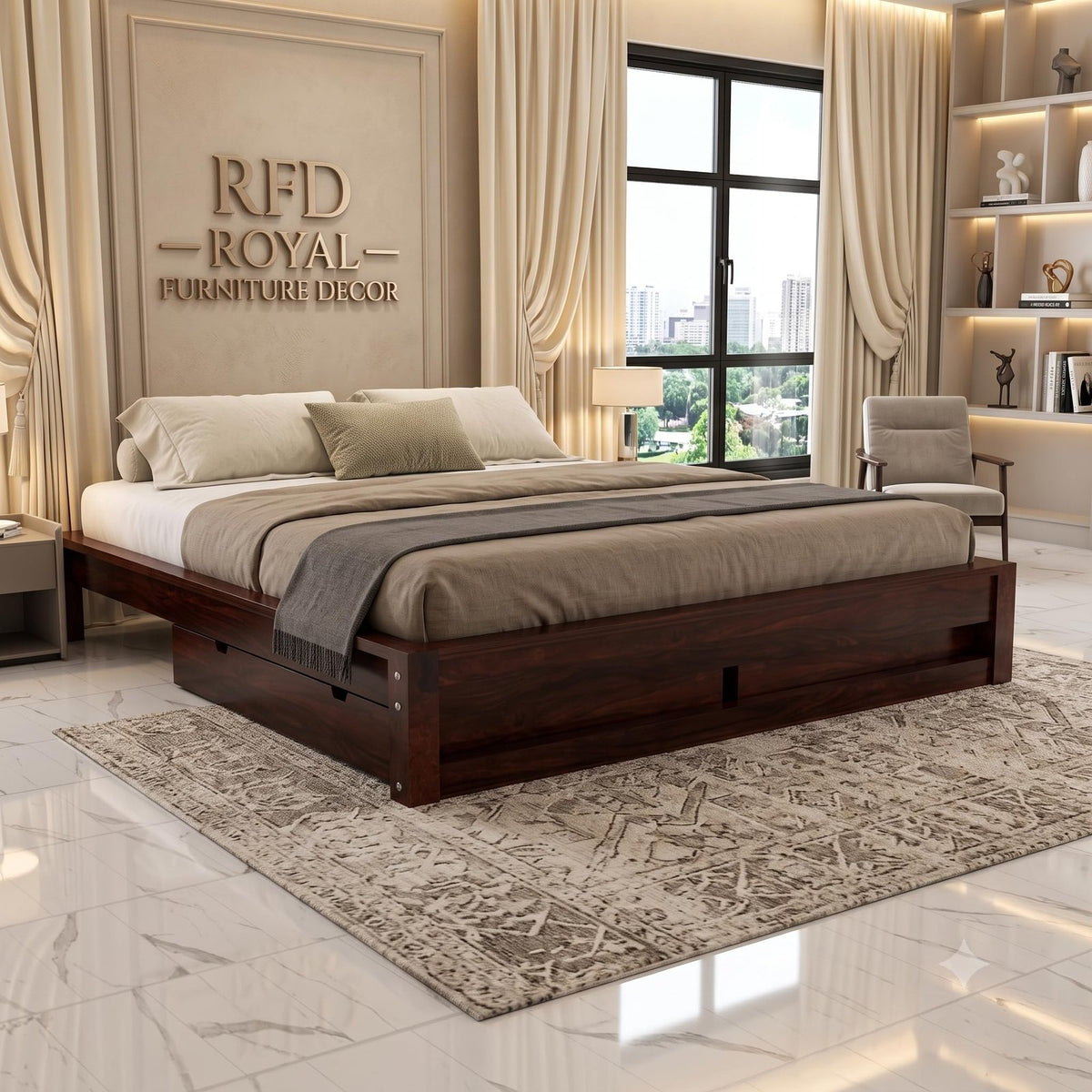 RFD - Royal Furniture Decor Solid Sheesham Wood Low Height Platform Queen Size Bed with Storage for Bedroom Wooden Double Bed (Walnut Finish)