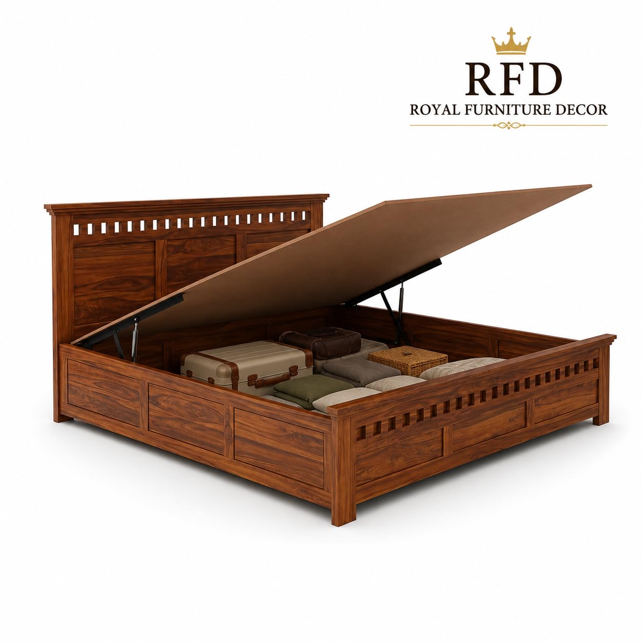 RFD Sheesham Wood King Size Hydraulic Bed with Headboard | Honey Finish