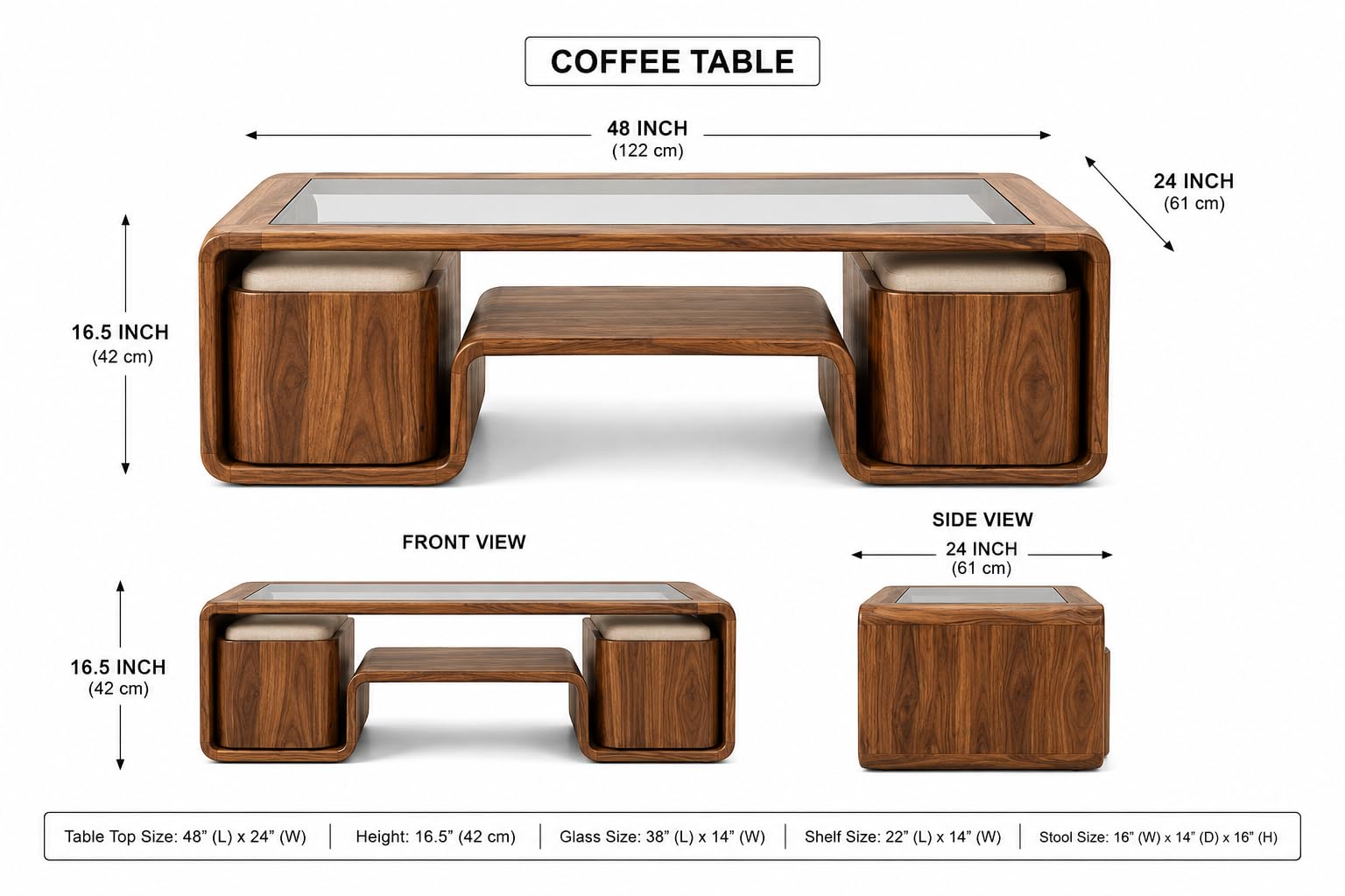Royal Furniture Decor Solid Wood Coffee Table with 4 Stools, 122x61 cm