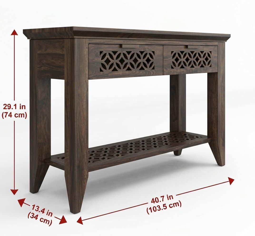 RFD Solid Wood 2 Drawer Console Table with Bottom Shelf | Dark Walnut Finish