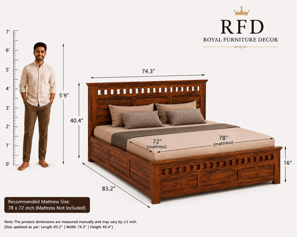 RFD Sheesham Wood King Size Hydraulic Bed with Headboard | Honey Finish