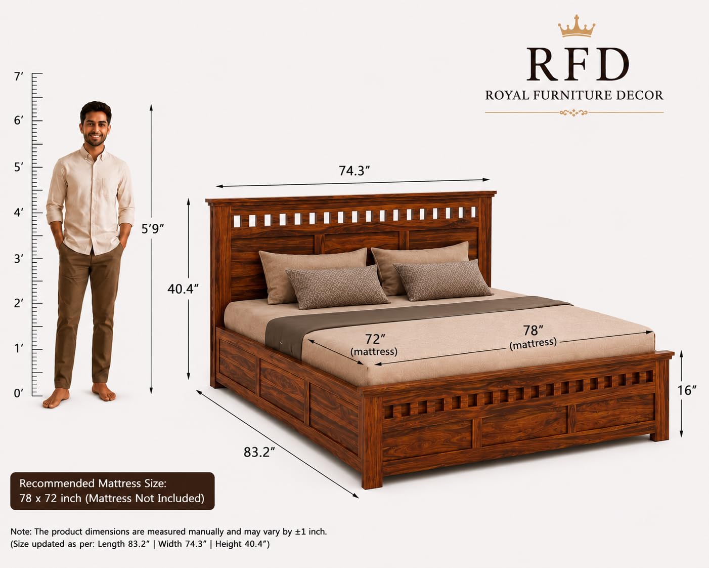 RFD Sheesham Wood King Size Hydraulic Bed with Headboard | Honey Finish