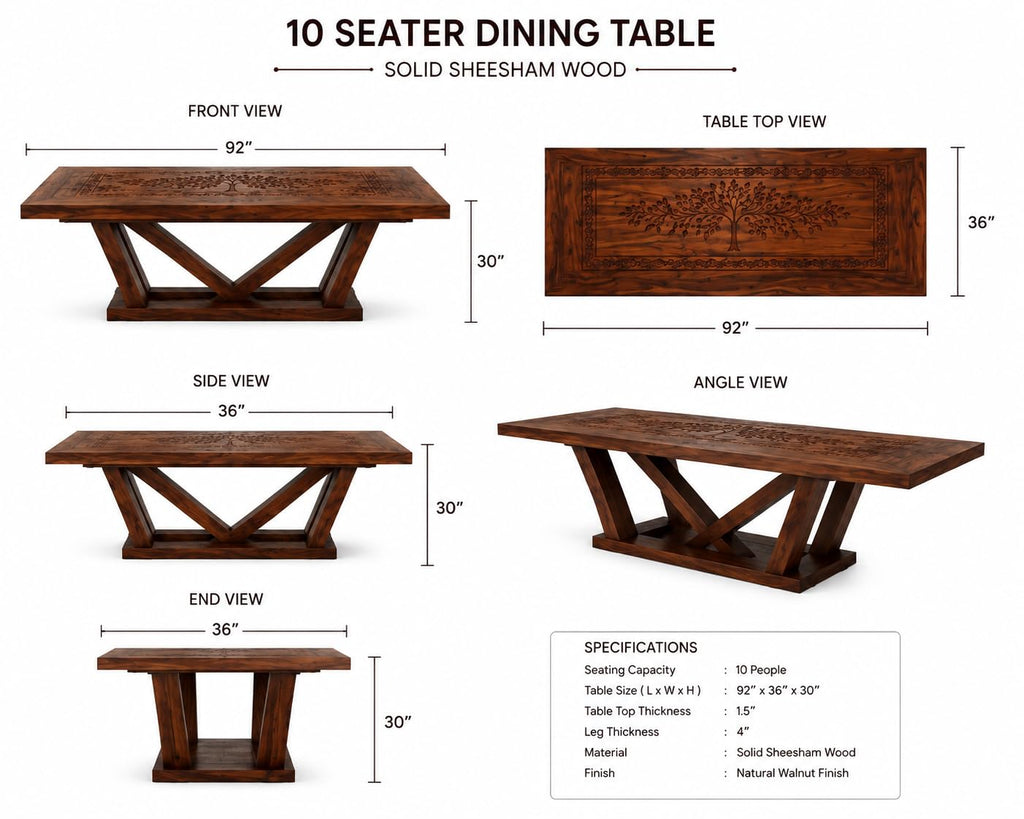 RFD - Royal Furniture Decor 10 Seater Dining Table Set, Sheesham Wood
