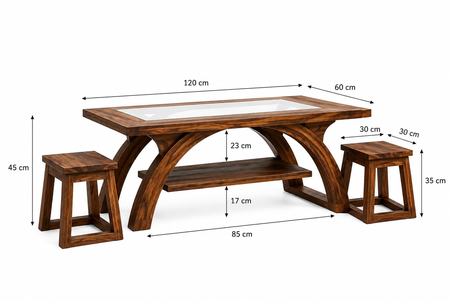 Royal Furniture Decor Solid Wood Coffee Table Set with 2 Stools, 120x60 cm