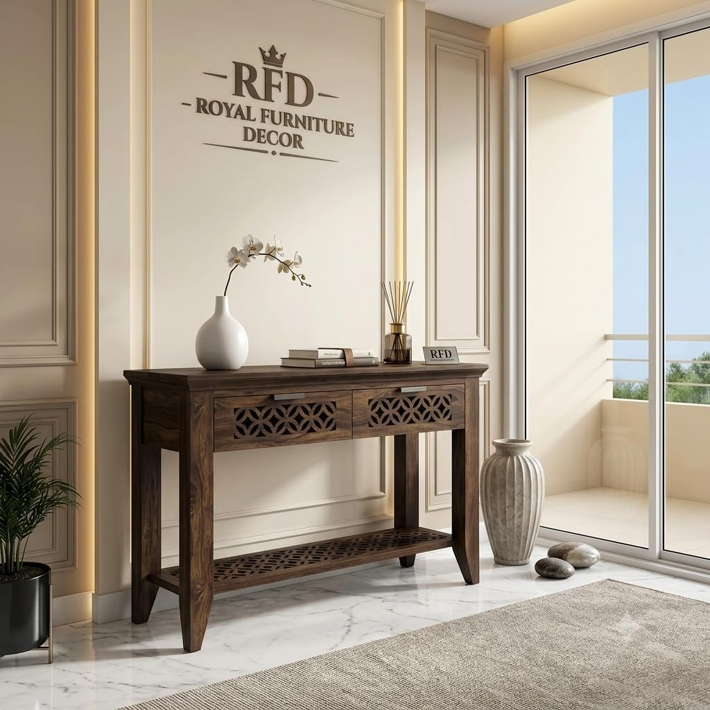 RFD Solid Wood 2 Drawer Console Table with Bottom Shelf | Dark Walnut Finish