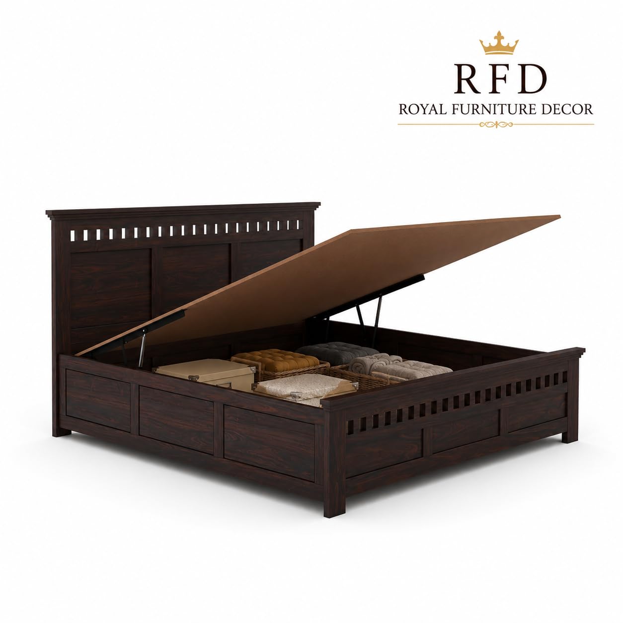 RFD Sheesham Wood King Size Hydraulic Bed with Headboard | Walnut Finish