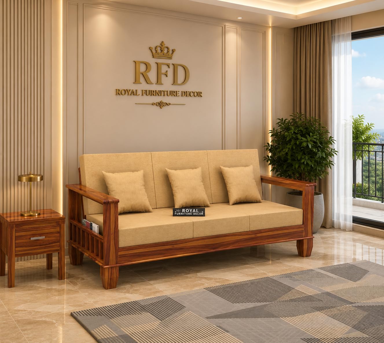 RFD Sheesham Wooden 3 Seater Sofa Honey Finish with Rosewood Cushion & Newspaper Holder