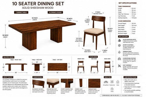RFD - Royal Furniture Decor 10 Seater Dining Table with 10 Chairs, Sheesham Wood