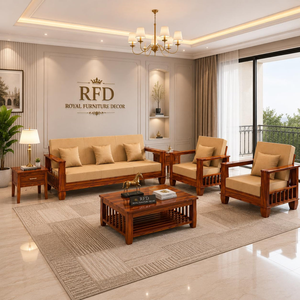 RFD Sheesham Wooden 5 Seater Sofa Set (3+1+1) Honey Finish with Rosewood Cushion & Newspaper Holder