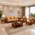 RFD Sheesham Wooden 5 Seater Sofa Set (3+1+1) Honey Finish with Rosewood Cushion & Newspaper Holder