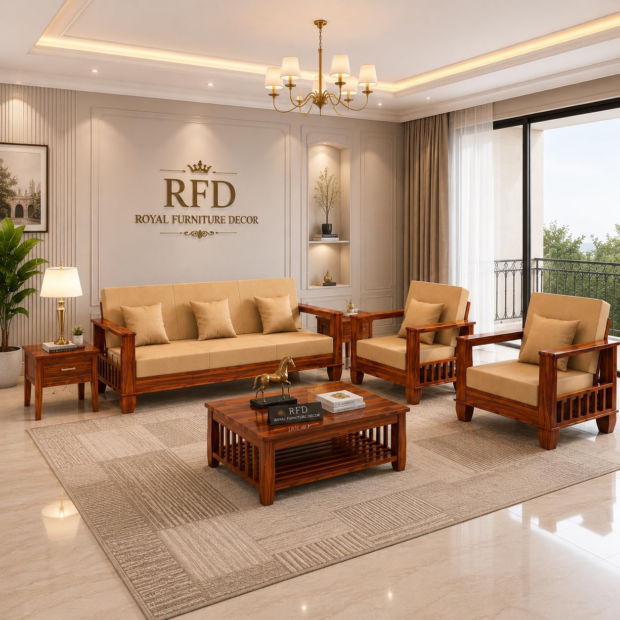 RFD Sheesham Wooden 5 Seater Sofa Set (3+1+1) Honey Finish with Rosewood Cushion & Newspaper Holder