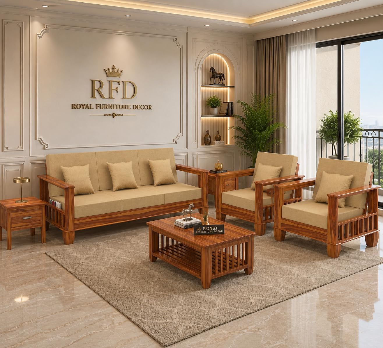 RFD Sheesham Wooden 5 Seater Sofa Set (3+1+1) Honey Finish with Rosewood Cushion & Newspaper Holder
