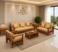 RFD Sheesham Wooden 6 Seater Sofa Set (3+2+1) Honey Finish with Rosewood Cushion & Newspaper Holder