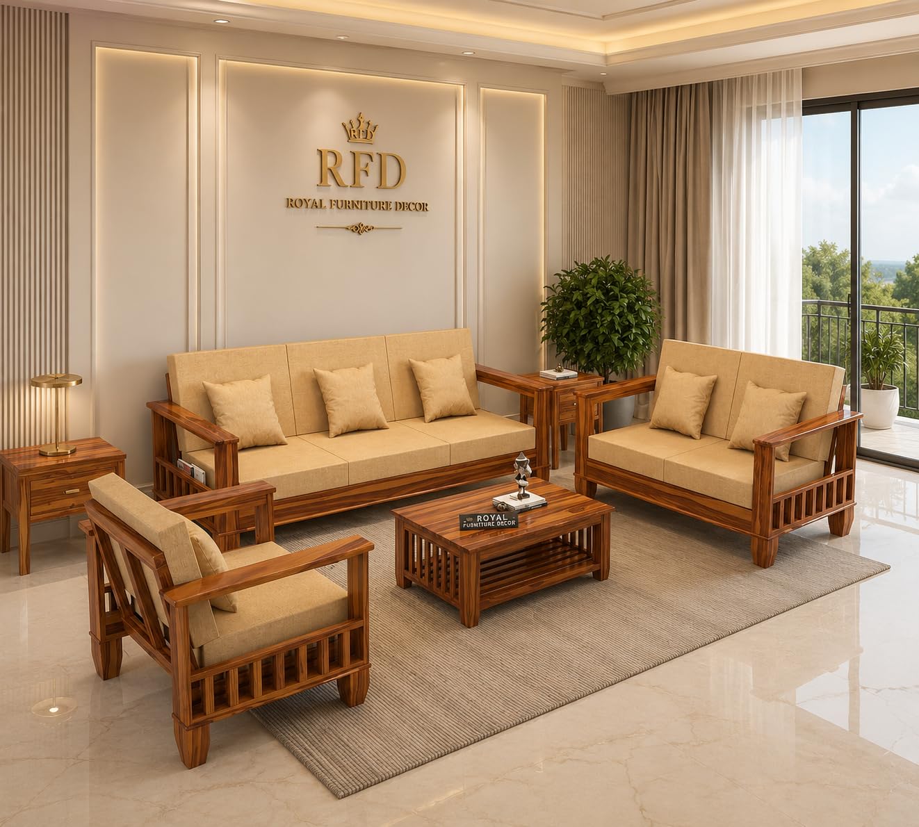 RFD Sheesham Wooden 6 Seater Sofa Set (3+2+1) Honey Finish with Rosewood Cushion & Newspaper Holder
