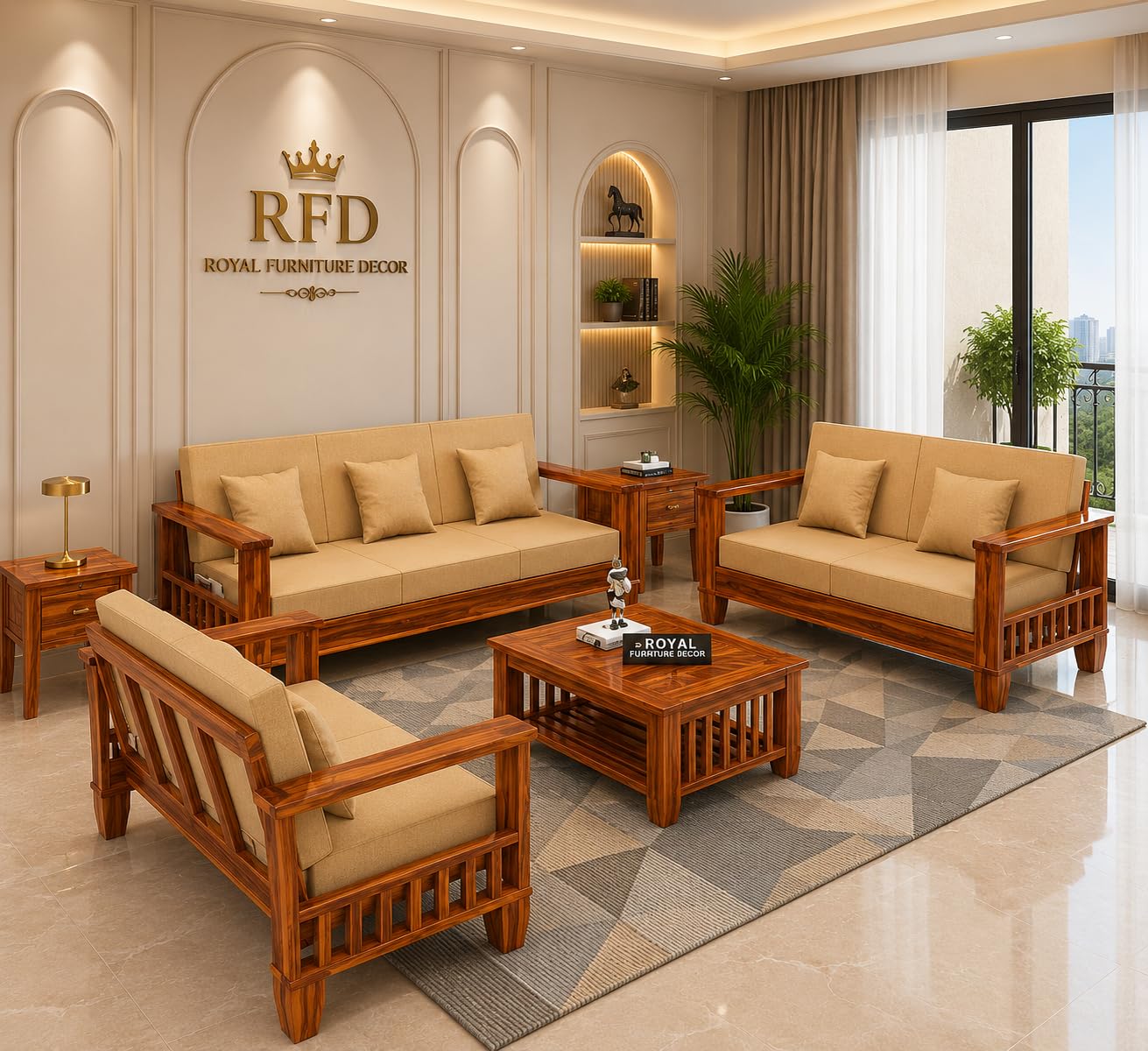 RFD Sheesham Wooden 7 Seater Sofa Set (3+2+2) Honey Finish with Rosewood Cushion & Newspaper Holder