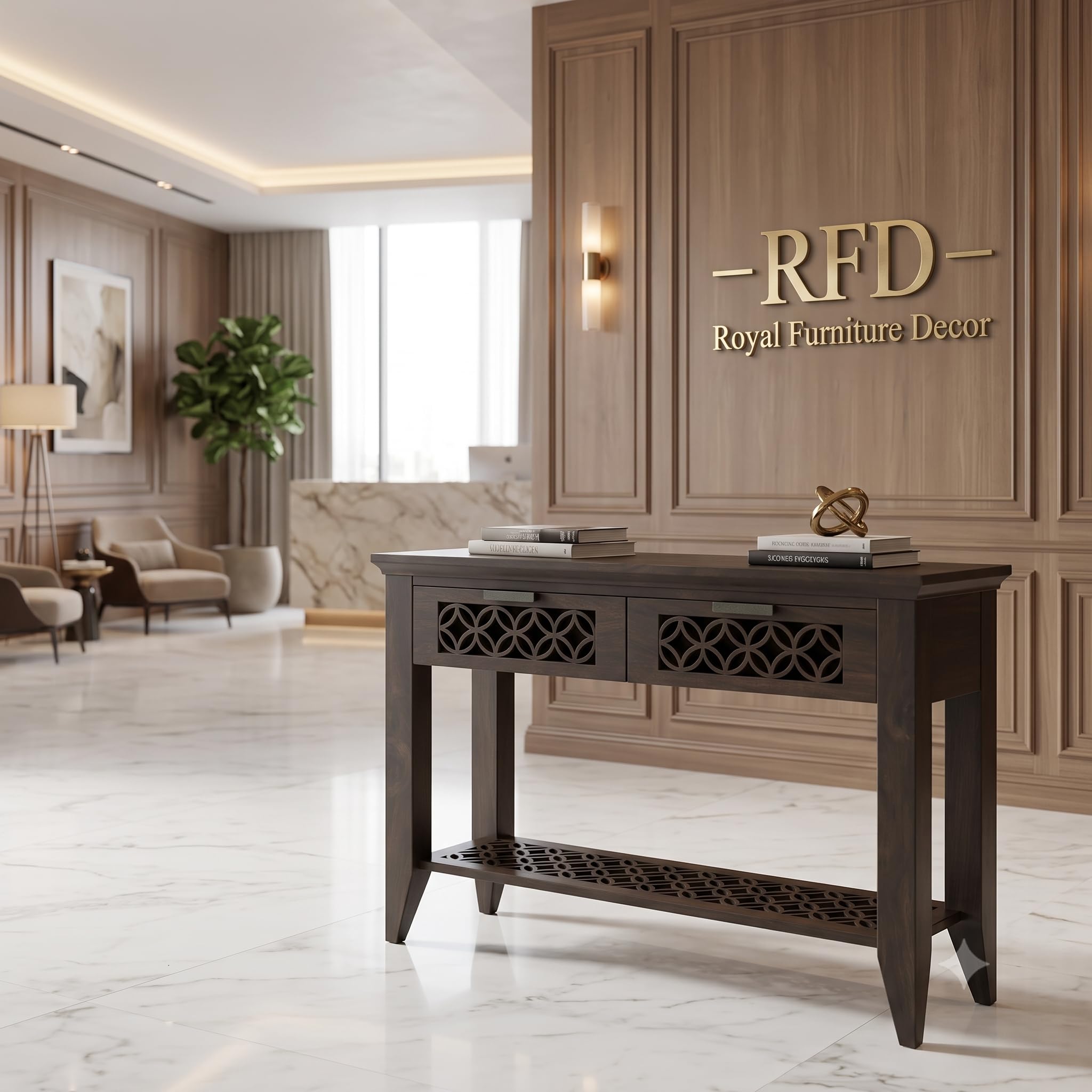 RFD Solid Wood 2 Drawer Console Table with Bottom Shelf | Dark Walnut Finish