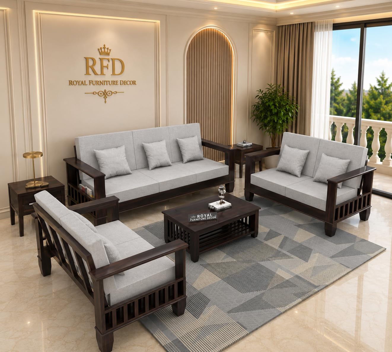 RFD Sheesham Wooden 7 Seater Sofa Set (3+2+2) Walnut Finish with Rosewood Cushion & Newspaper Holder