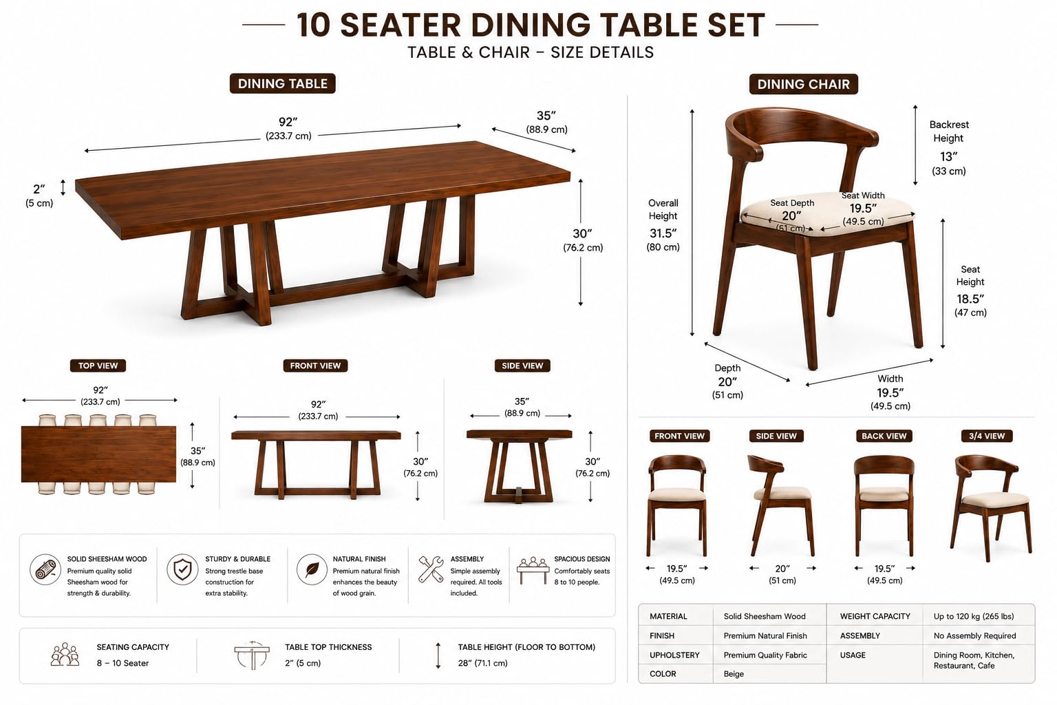 RFD - Royal Furniture Decor Sheesham Wood Dining Table with 10 Chairs