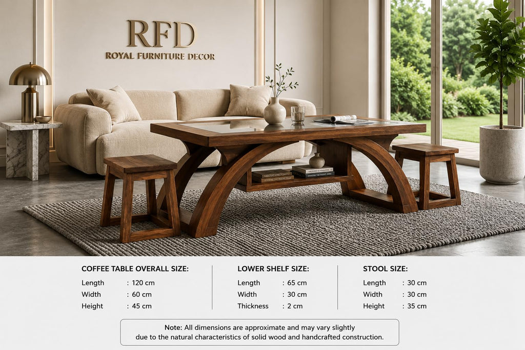 Royal Furniture Decor Solid Wood Coffee Table Set with 2 Stools, 120x60 cm