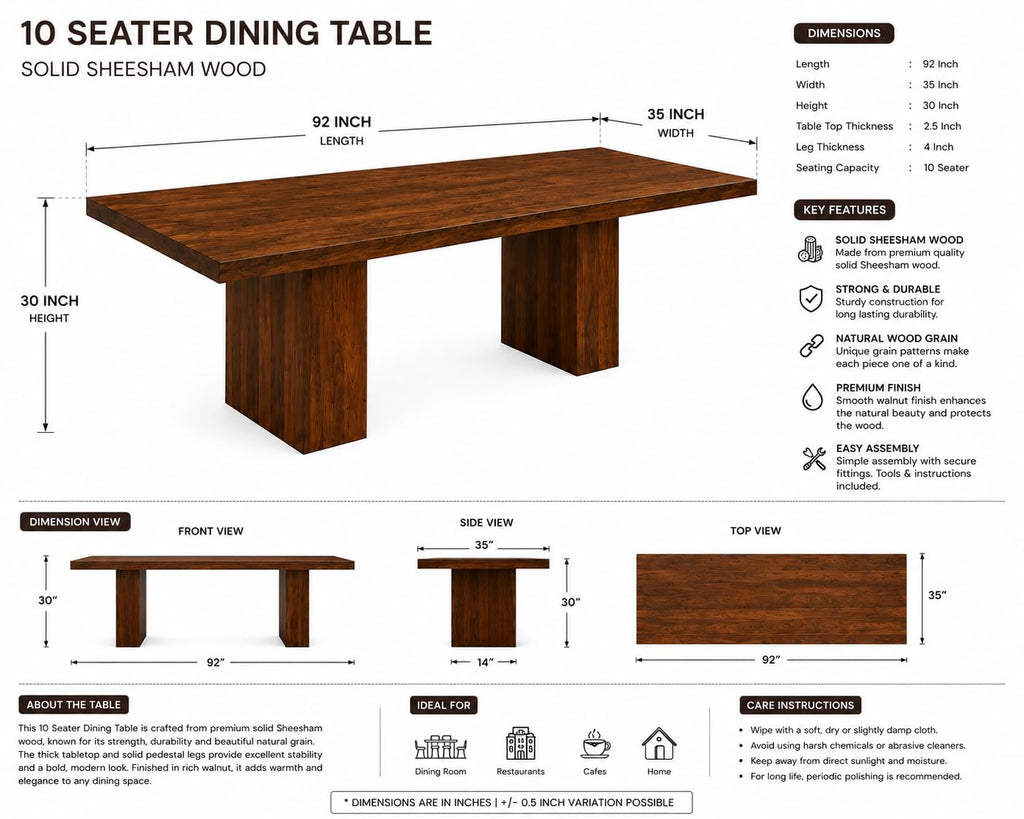 RFD - Royal Furniture Decor 10 Seater Dining Table with 10 Chairs, Sheesham Wood
