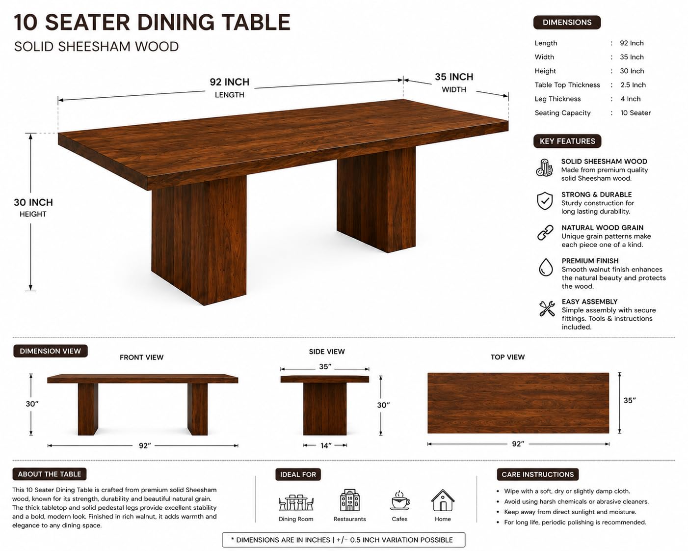 RFD - Royal Furniture Decor 10 Seater Dining Table with 10 Chairs, Sheesham Wood