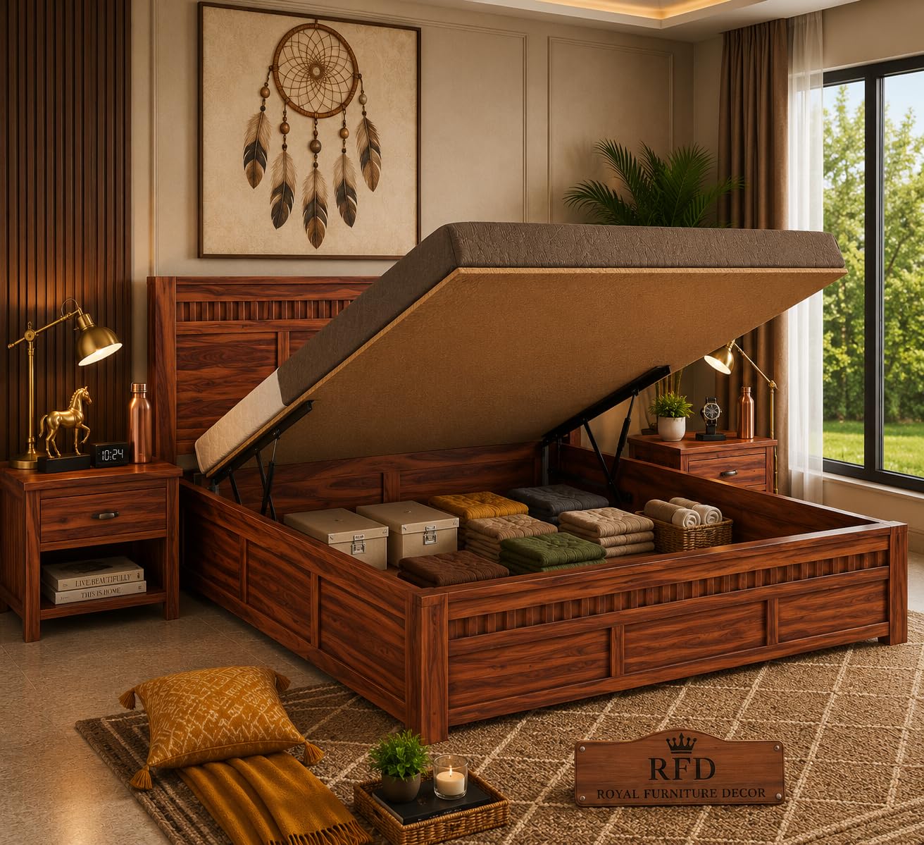 RFD Sheesham Wood King Size Hydraulic Bed with Headboard | Honey Finish