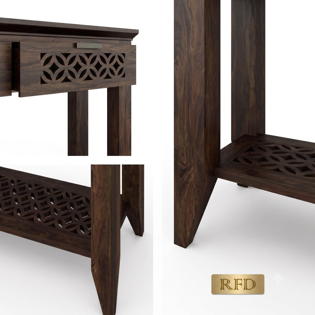 RFD Solid Wood 2 Drawer Console Table with Bottom Shelf | Dark Walnut Finish