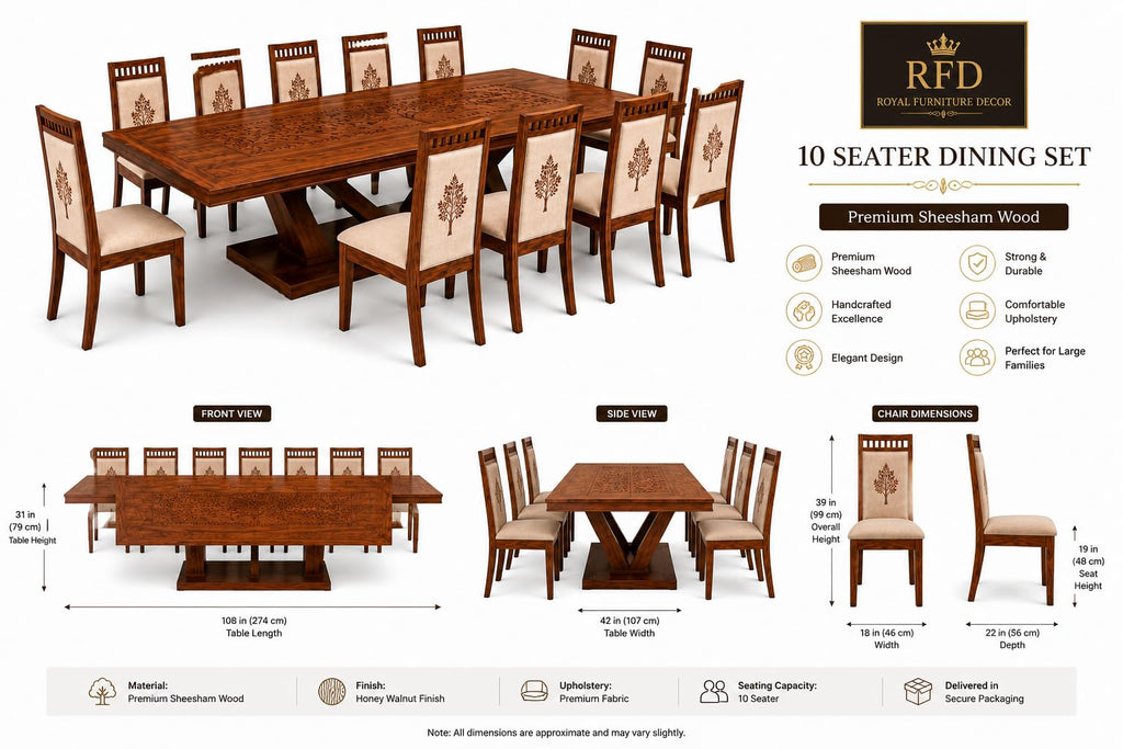 RFD - Royal Furniture Decor 10 Seater Dining Table Set, Sheesham Wood