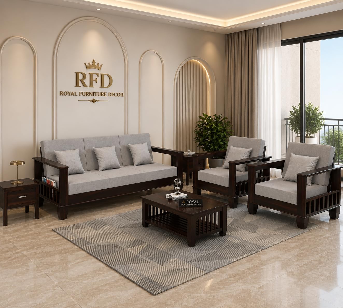RFD Sheesham Wooden 5 Seater Sofa Set (3+1+1) with Rosewood Cushion & Newspaper Holder