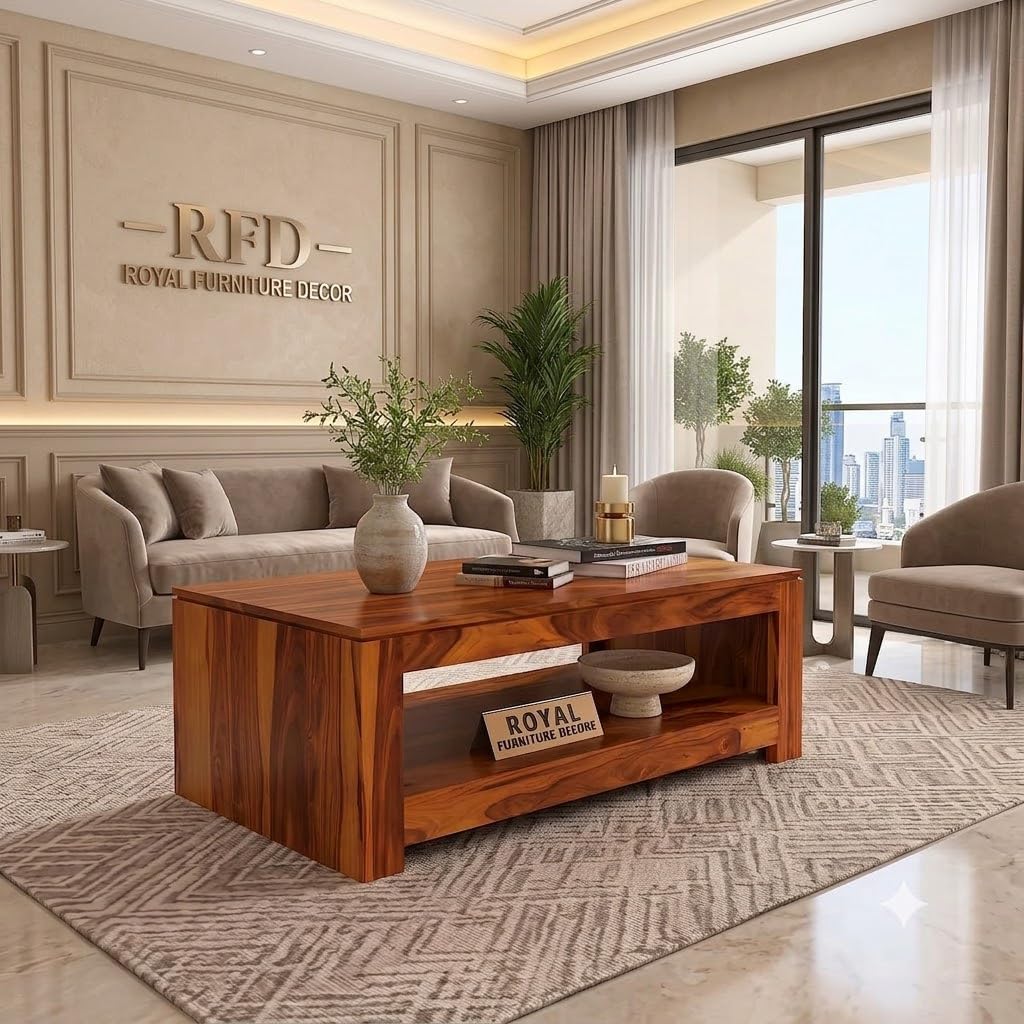 RFD Sheesham Wood Center Coffee Table with Shelf | Honey Finish | Solid Rosewood