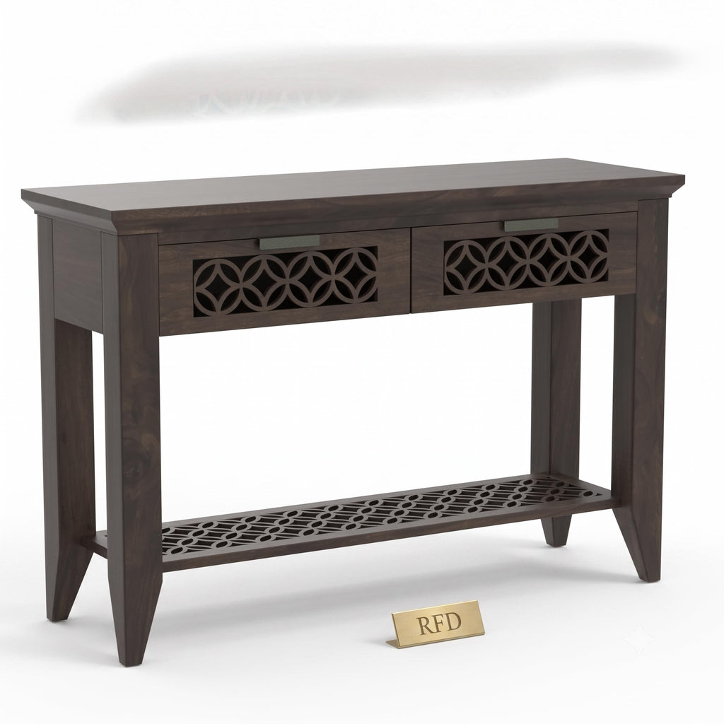 RFD Solid Wood 2 Drawer Console Table with Bottom Shelf | Dark Walnut Finish