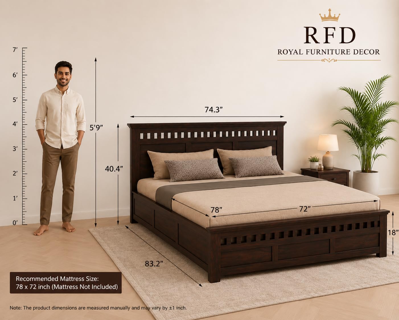 RFD Sheesham Wood King Size Hydraulic Bed with Headboard | Walnut Finish
