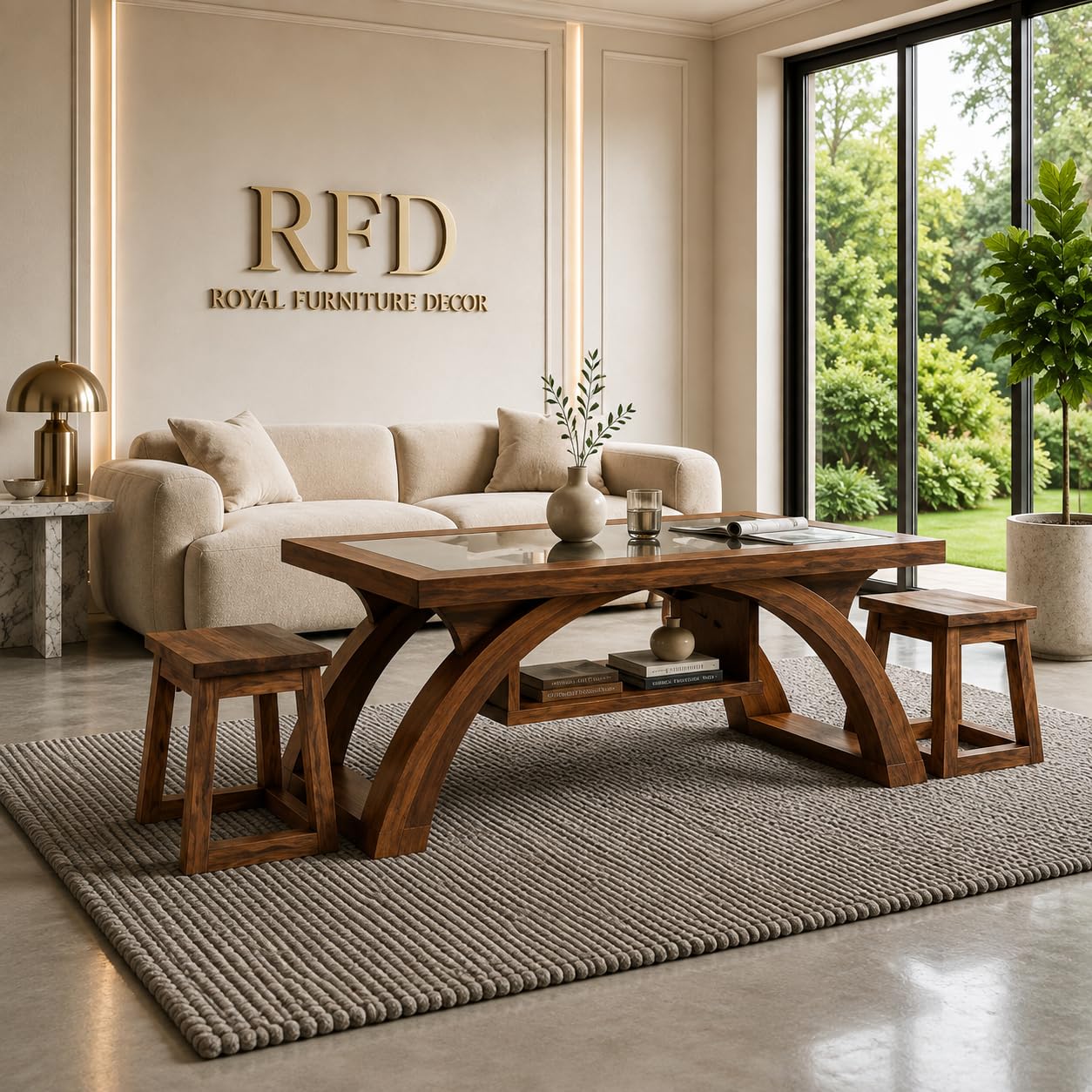 Royal Furniture Decor Solid Wood Coffee Table Set with 2 Stools, 120x60 cm