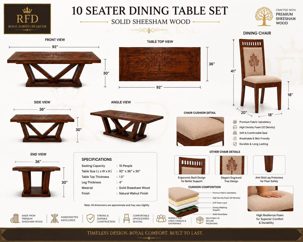 RFD - Royal Furniture Decor 10 Seater Dining Table Set, Sheesham Wood