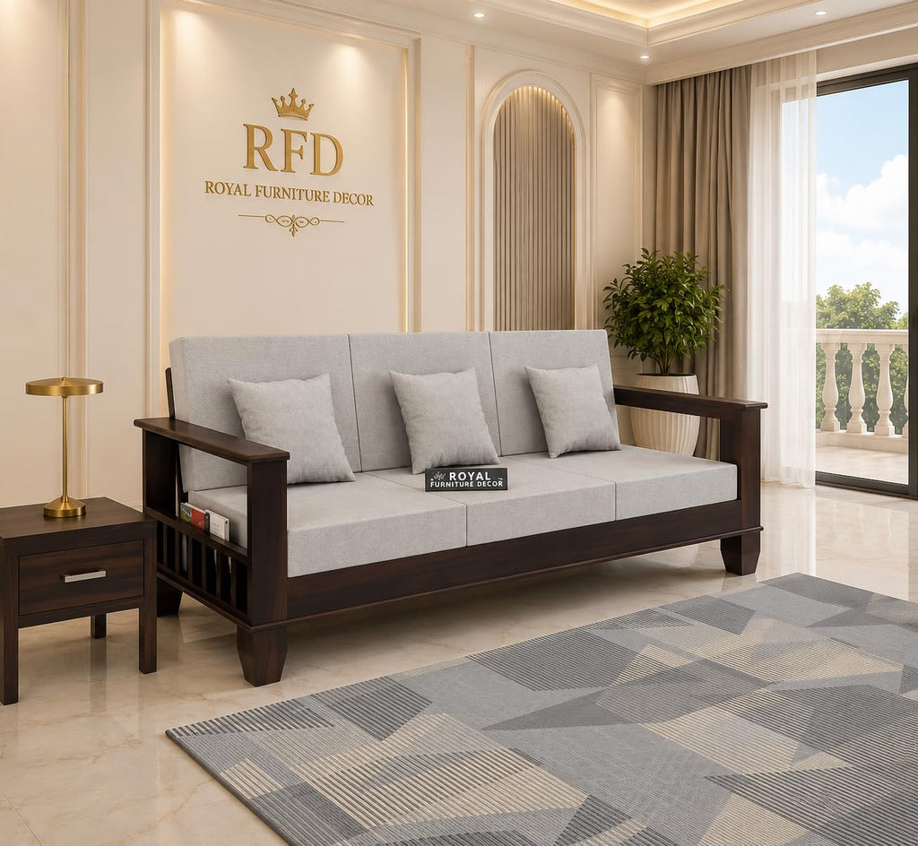 RFD Sheesham Wooden 3 Seater Sofa Walnut Finish with Rosewood Cushion & Newspaper Holder