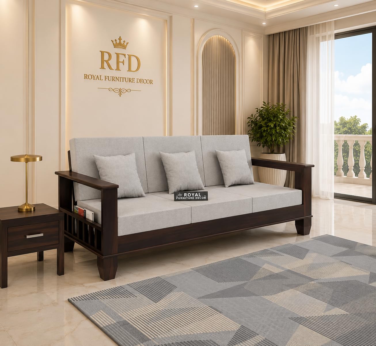 RFD Sheesham Wooden 3 Seater Sofa Walnut Finish with Rosewood Cushion & Newspaper Holder
