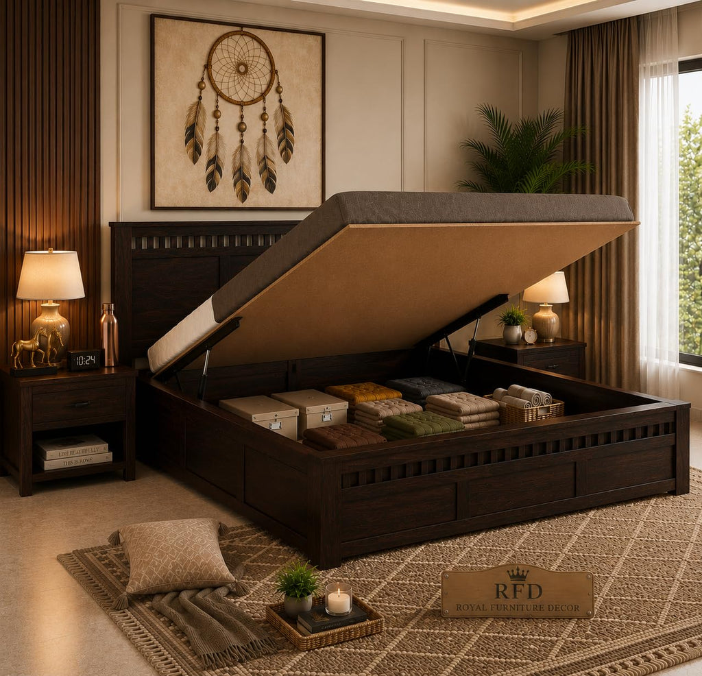 RFD Sheesham Wood King Size Hydraulic Bed with Headboard | Walnut Finish