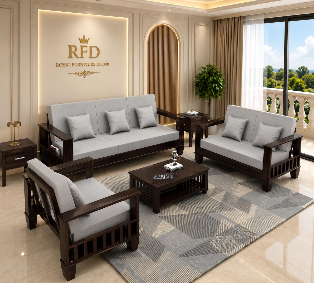 RFD Sheesham Wooden 6 Seater Sofa Set (3+2+1) Walnut Finish with Rosewood Cushion & Newspaper Holder