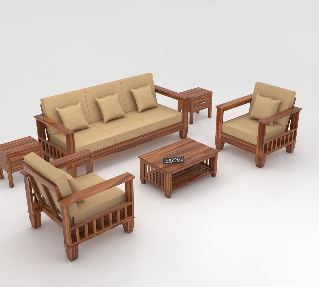 RFD Sheesham Wooden 5 Seater Sofa Set (3+1+1) Honey Finish with Rosewood Cushion & Newspaper Holder