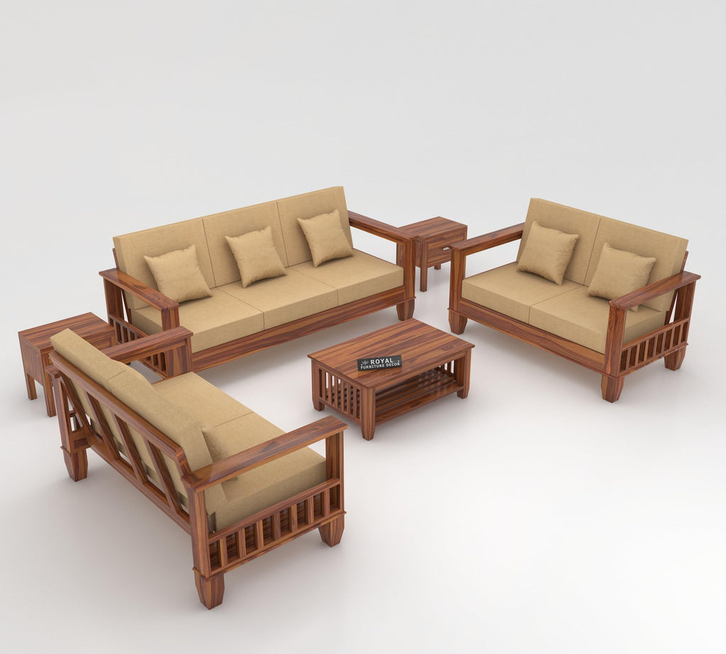 RFD Sheesham Wooden 7 Seater Sofa Set (3+2+2) Honey Finish with Rosewood Cushion & Newspaper Holder