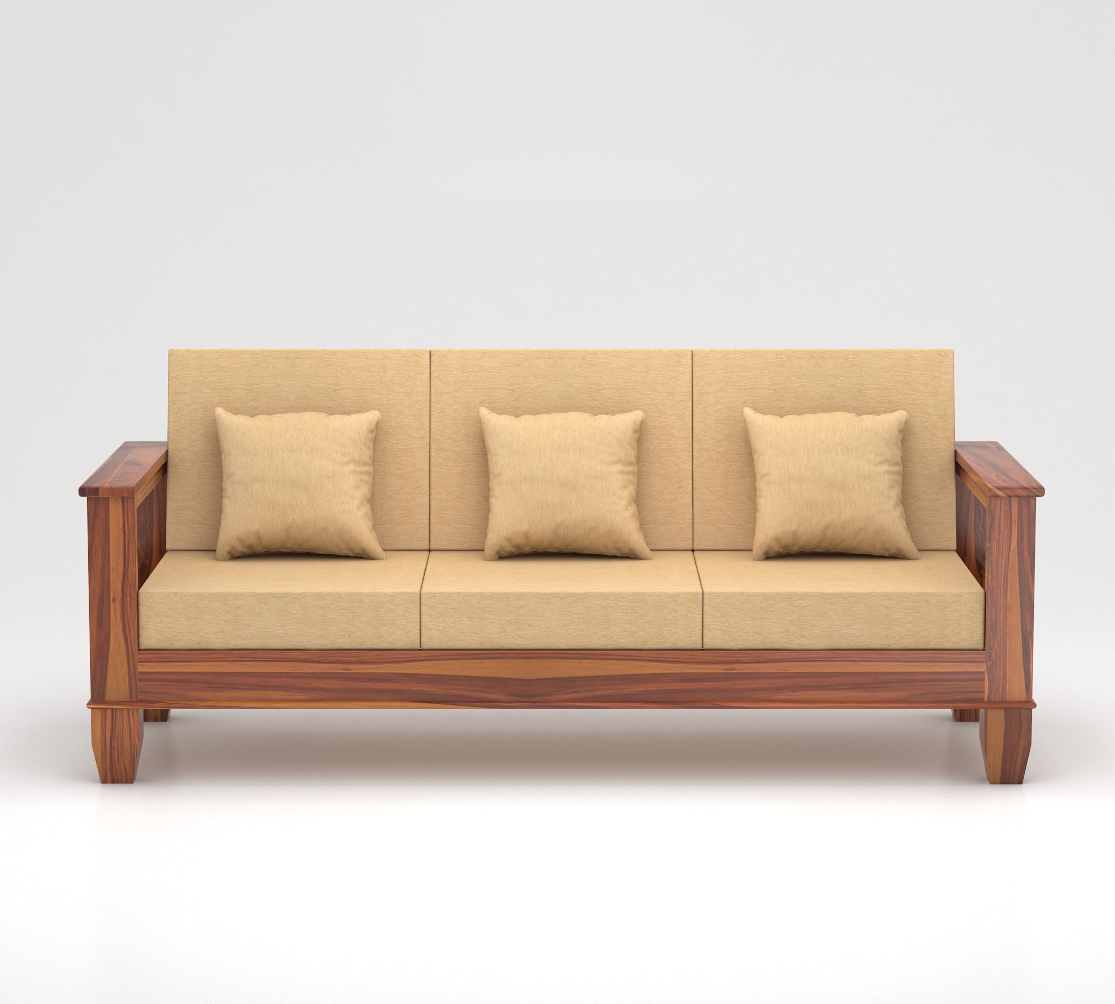RFD Sheesham Wooden 3 Seater Sofa Honey Finish with Rosewood Cushion & Newspaper Holder