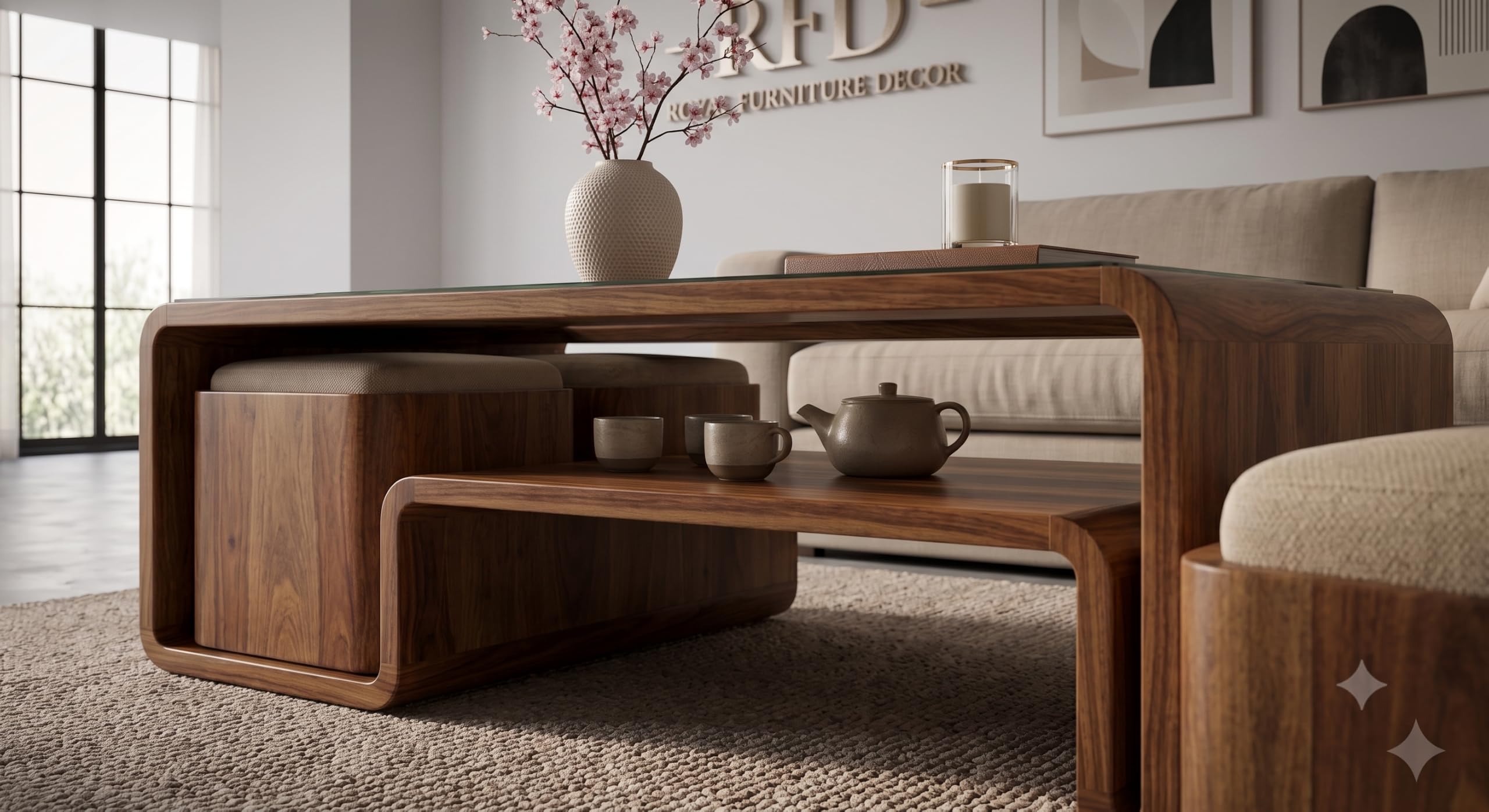 Royal Furniture Decor Solid Wood Coffee Table with 4 Stools, 122x61 cm