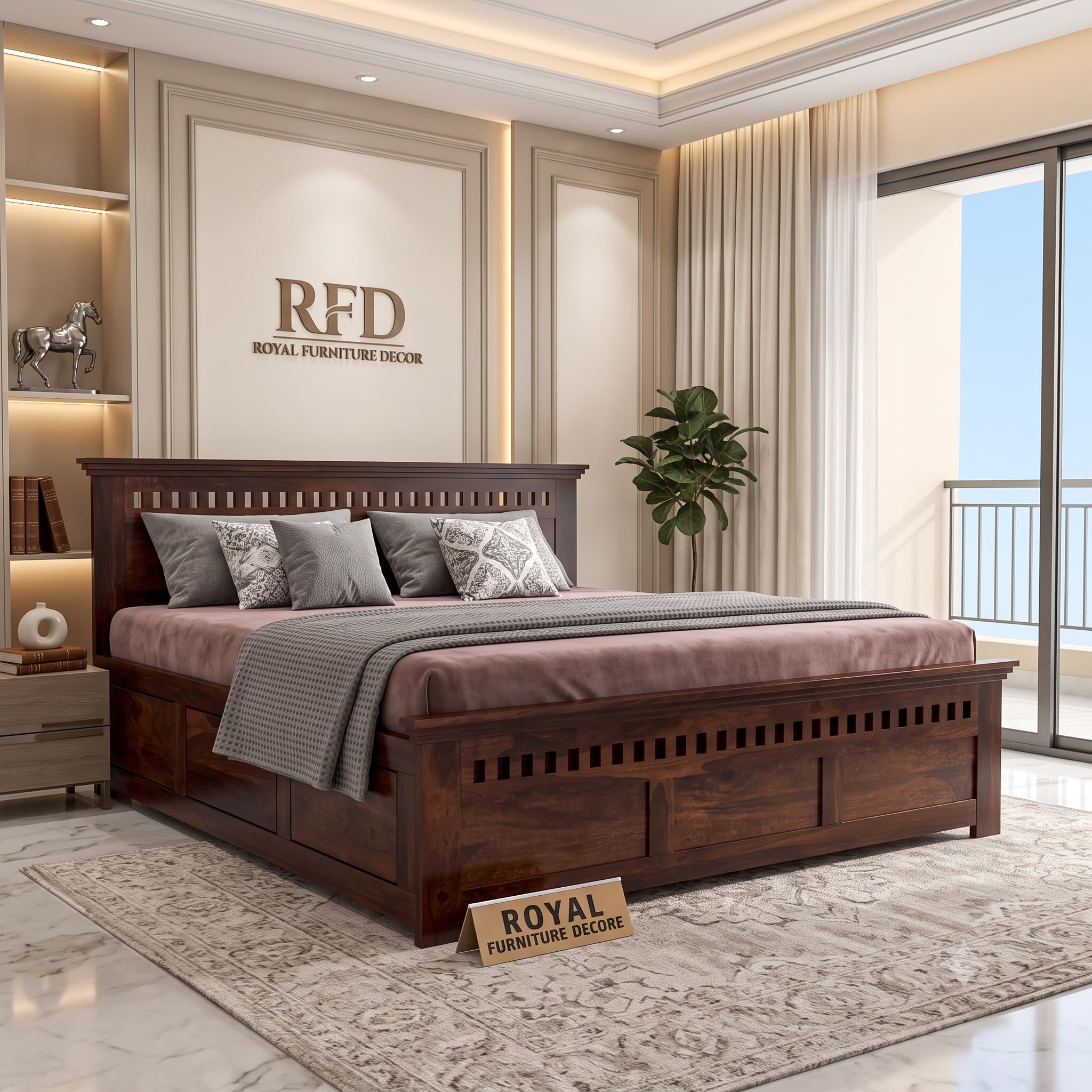 RFD Sheesham Wood Queen Size Bed with Box Storage | Walnut Finish