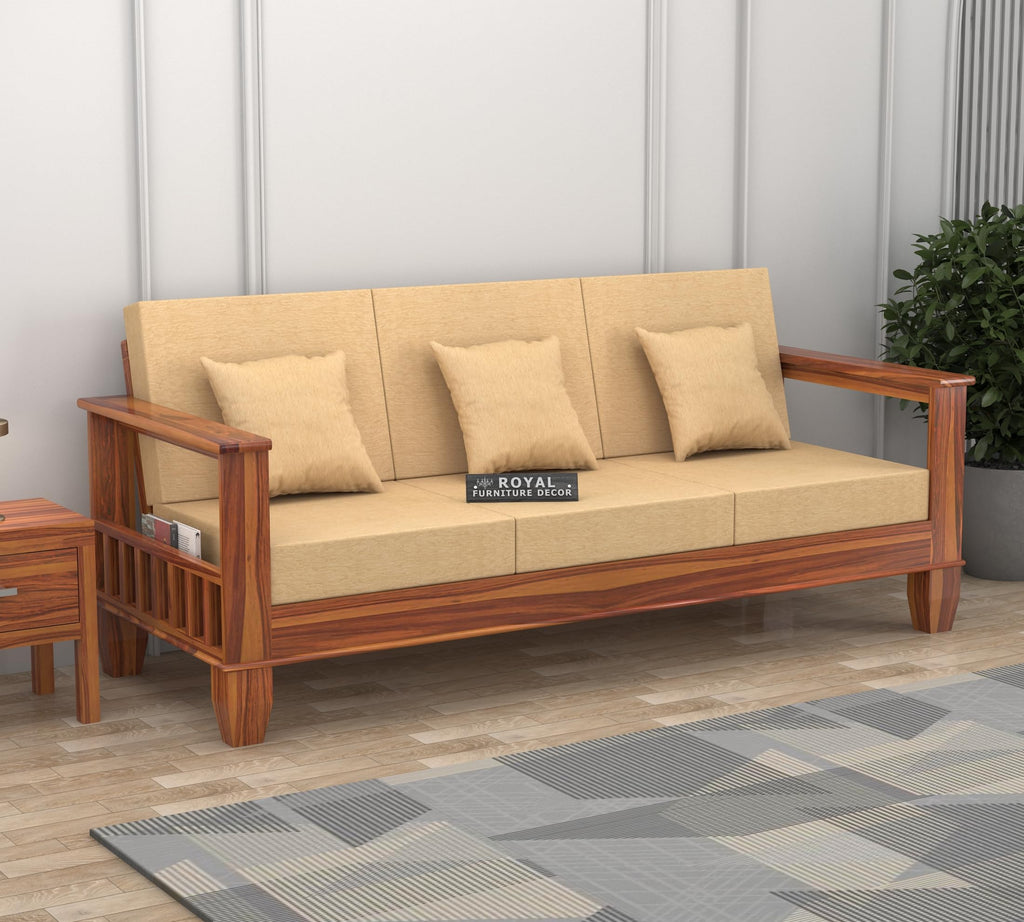 RFD Sheesham Wooden 3 Seater Sofa Honey Finish with Rosewood Cushion & Newspaper Holder