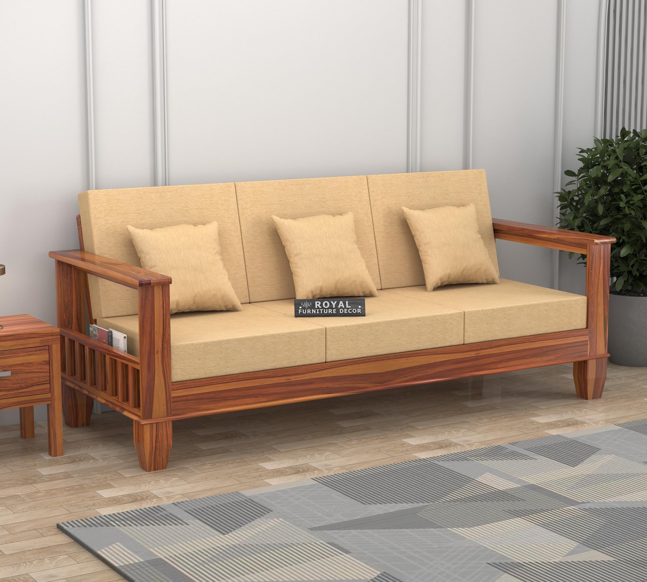 RFD Sheesham Wooden 3 Seater Sofa Honey Finish with Rosewood Cushion & Newspaper Holder