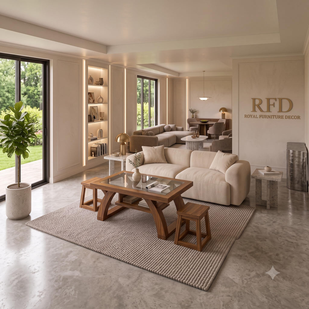 Royal Furniture Decor Solid Wood Coffee Table Set with 2 Stools, 120x60 cm