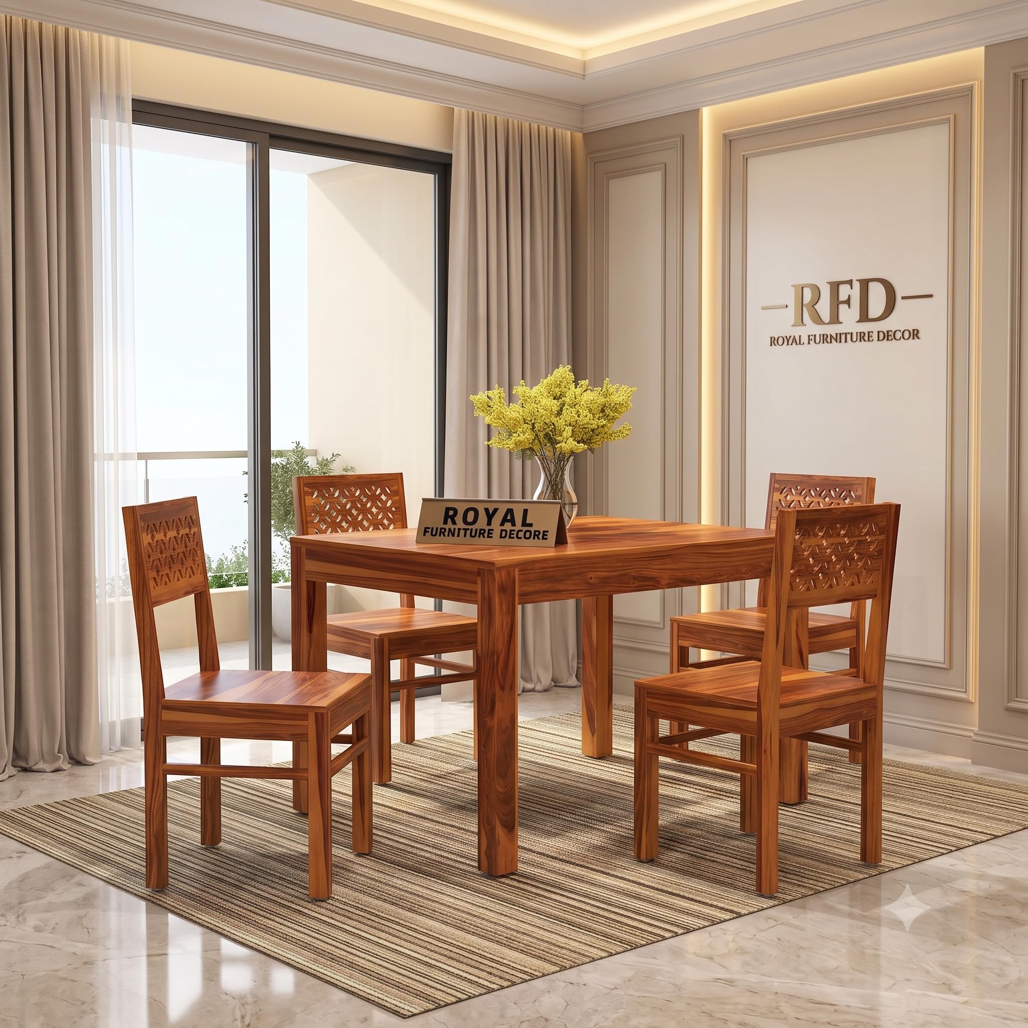 RFD Solid Sheesham Wood 4 Seater Dining Table Set | Honey Finish | Without Cushion