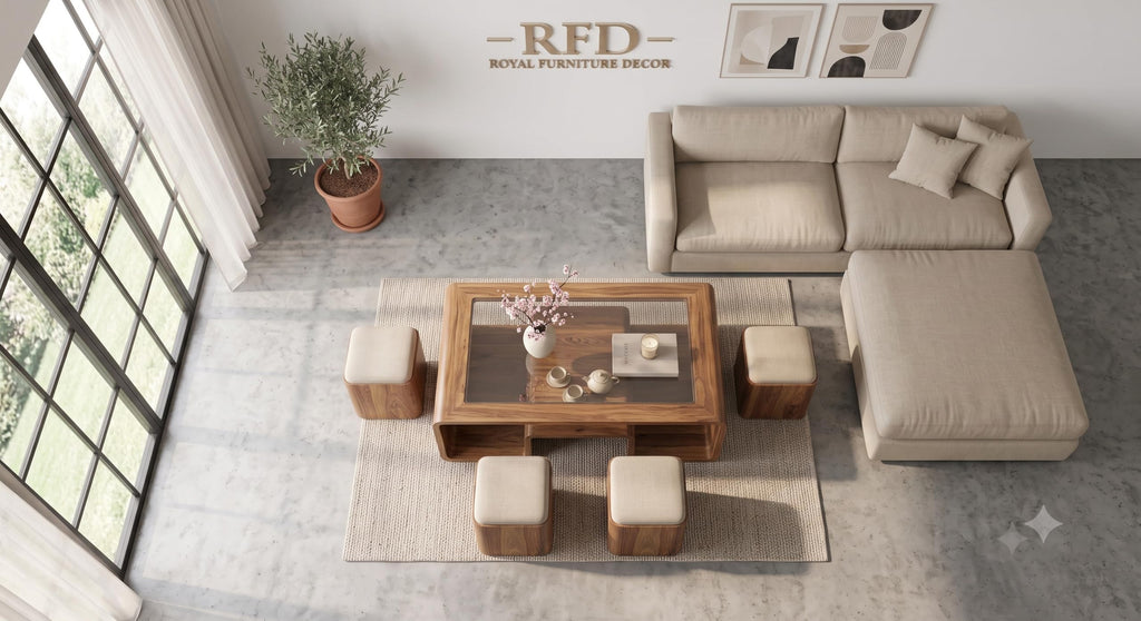 Royal Furniture Decor Solid Wood Coffee Table with 4 Stools, 122x61 cm