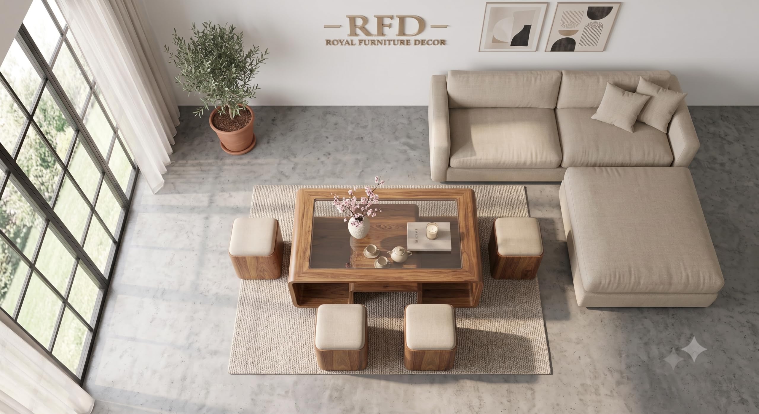 Royal Furniture Decor Solid Wood Coffee Table with 4 Stools, 122x61 cm
