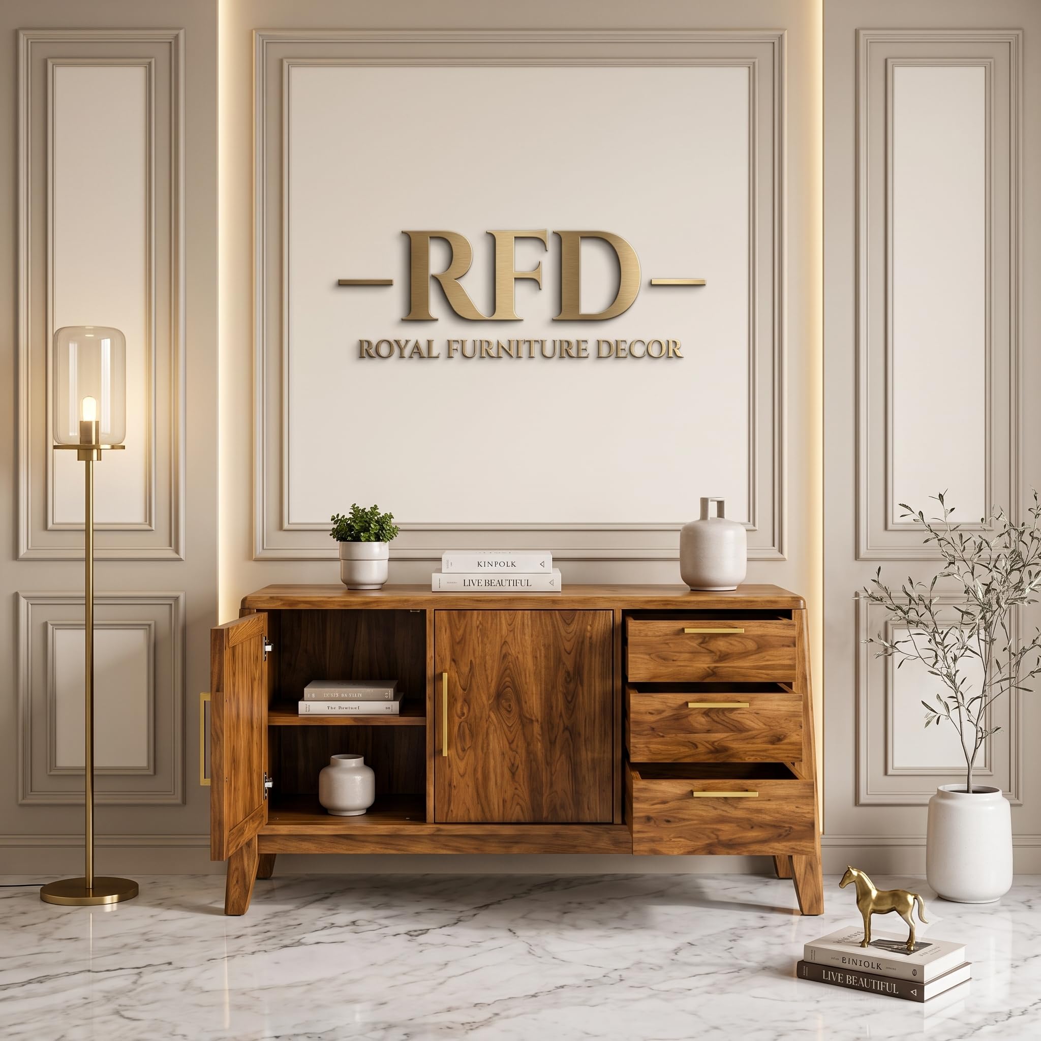 RFD Solid Wood Sideboard with Drawers | Walnut Finish